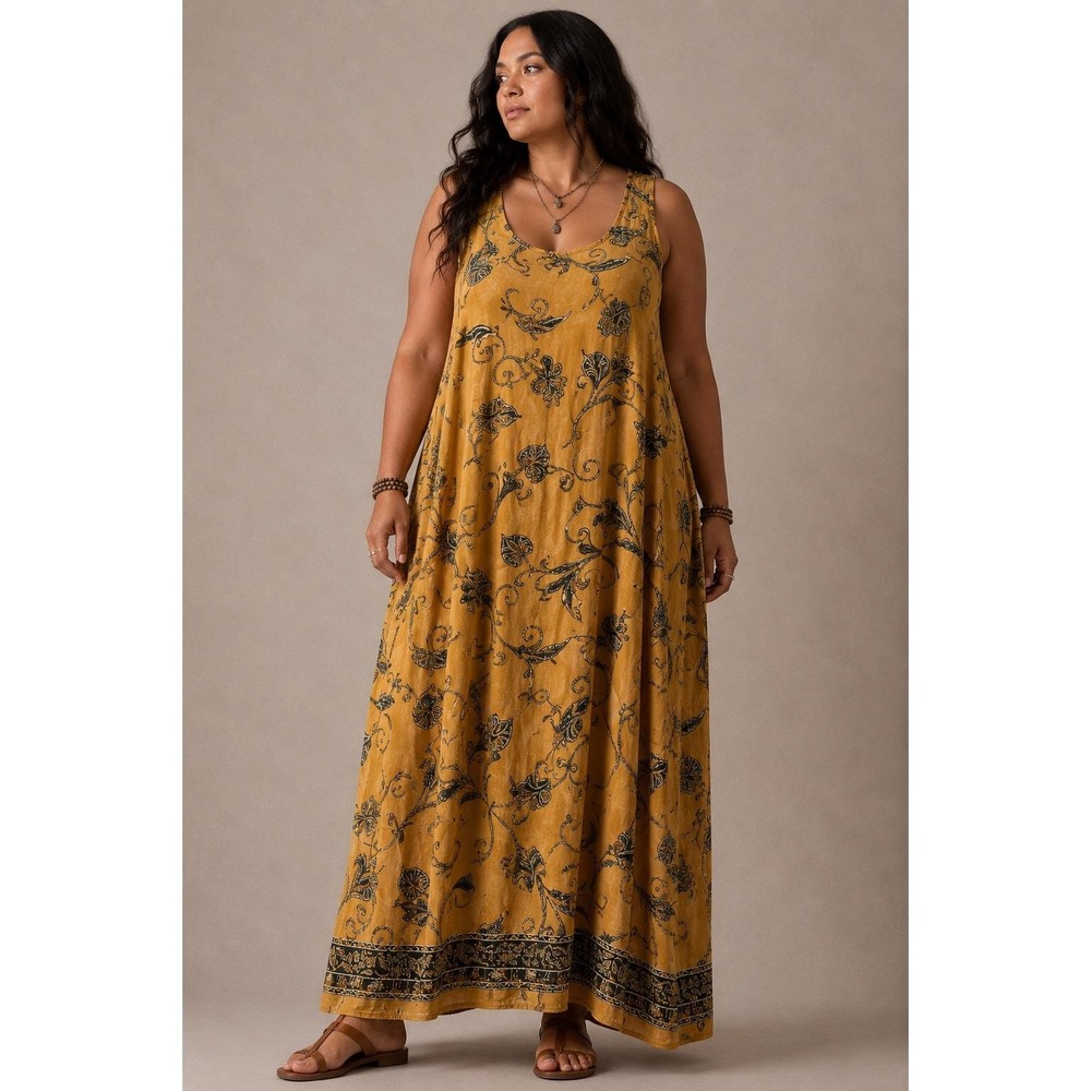Boho Hippie Whimsigoth Mustard Floral Maxi Dress Plus Size XL
